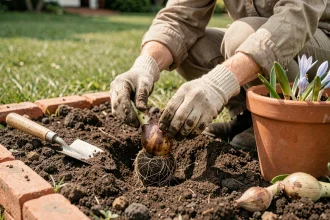 Femme plantant un bulbe d'agapanthe dans un parterre de jardin au printemps