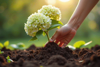 Main plantant une hydrangea dans un jardin ensoleille