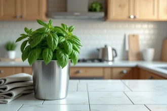 Pot de basilic anti-mouches posé près d'une poubelle de cuisine en inox sur un plan de travail carrelé