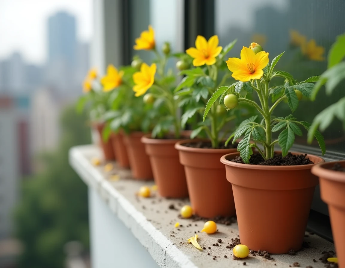 Rangée de plants de tomates en fleurs dans des pots en terre cuite sur un rebord de fenêtre avec vue urbaine
