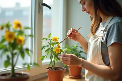 Femme pollinisant des tomates en pot sur le rebord d'une fenêtre d'appartement avec un pinceau fin