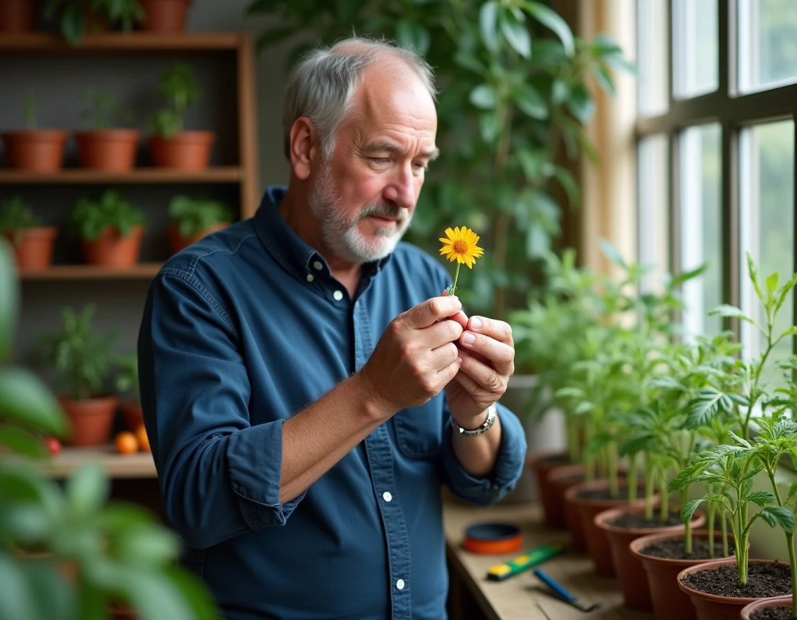 Homme pollinisant un plant de tomate par vibration manuelle sur un balcon aménagé en espace de culture intérieur