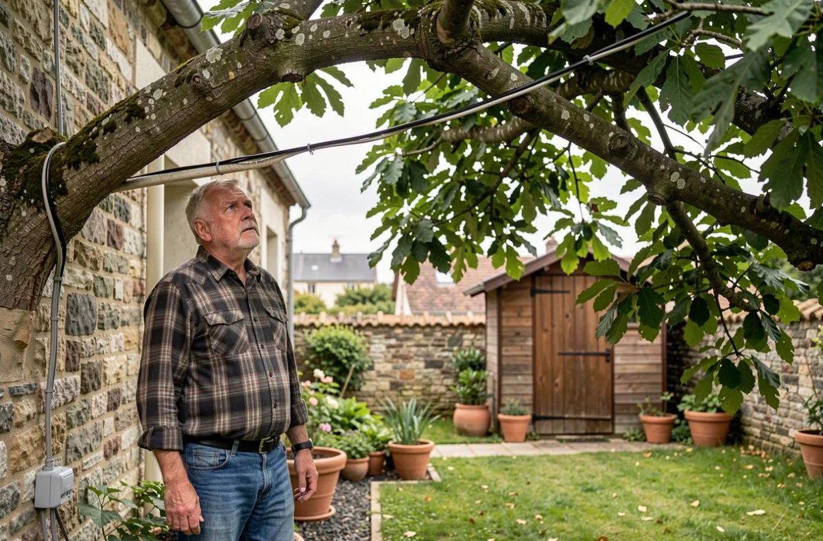 Propriétaire préoccupé observant des branches d'arbre surplombant une ligne électrique basse tension à son domicile