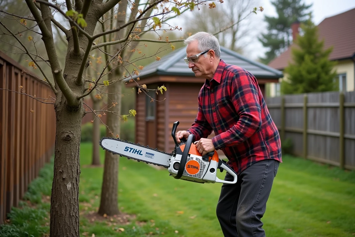 Propriétaire utilisant une tronçonneuse STIHL MS 211 pour tailler des branches dans un jardin résidentiel