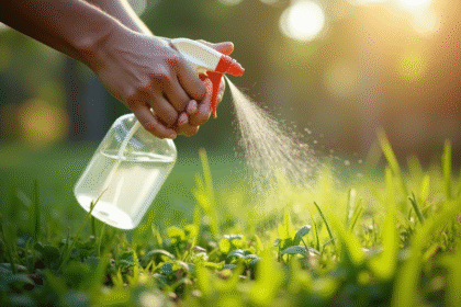 Main versant un spray naturel sur des mauvaises herbes