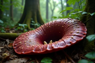 Rafflesia arnoldii en pleine floraison sur le sol d'une forêt tropicale de Bornéo, la plus grande fleur du monde