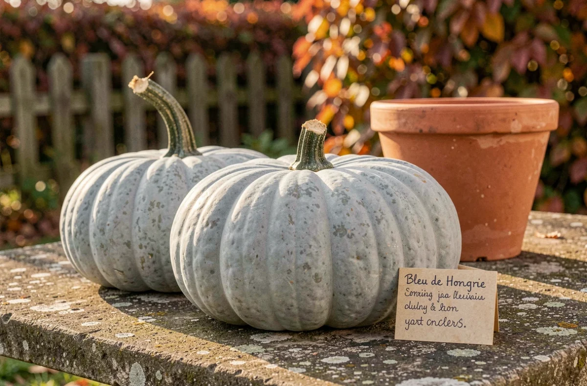 Deux citrouilles Bleu de Hongrie récoltées posées sur une table en pierre au jardin avec une étiquette de plant et un pot en terre cuite