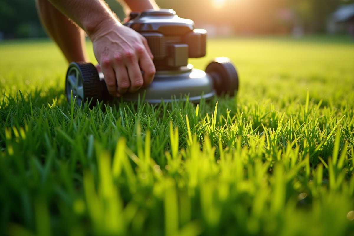 Mains ajustant la hauteur de la tondeuse sur herbe dense
