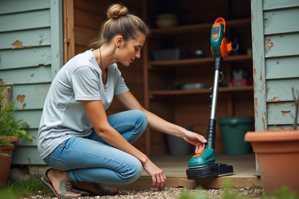 Femme inspectant la batterie d'un rotofil sans fil appuyé contre un abri de jardin