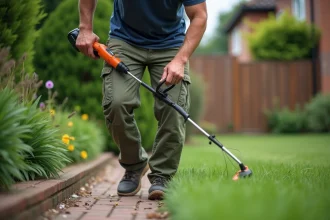 Homme utilisant un rotofil à batterie longue durée pour border une pelouse de jardin