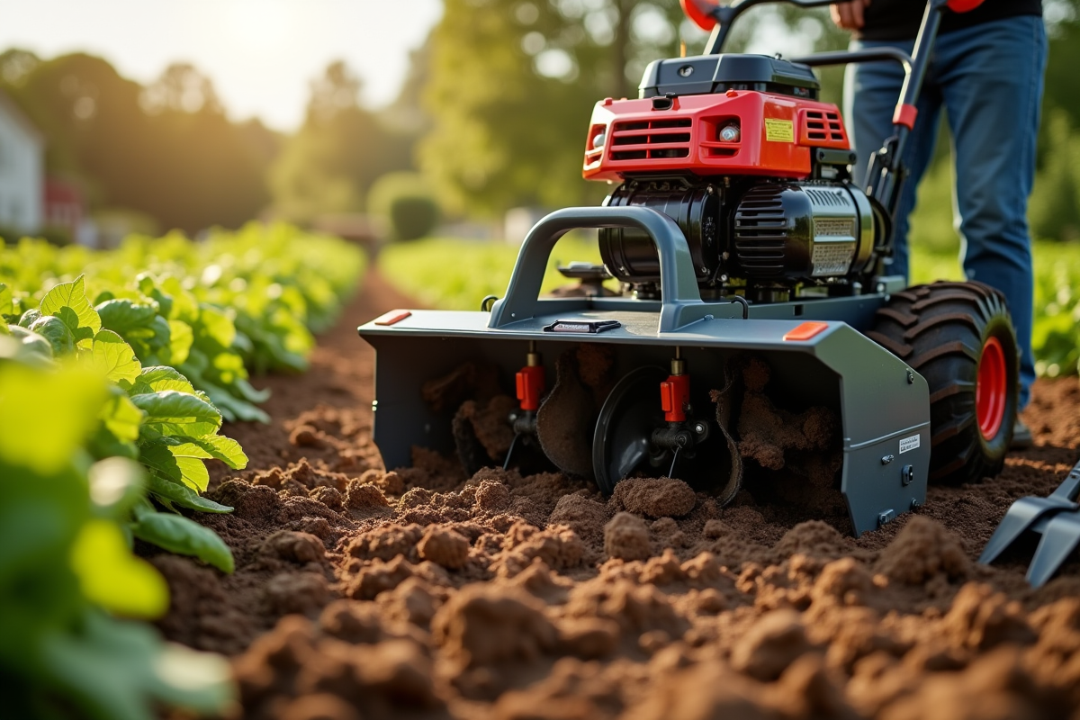 Rotoculteur moderne en action sur un grand potager en plein midi