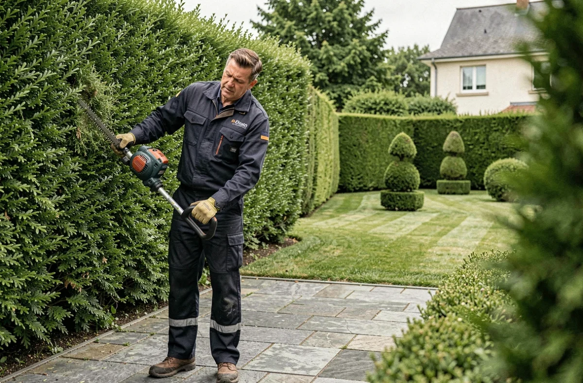 Agent d'entretien de Saint-Étienne Paysage taillant une haie de if dans un jardin résidentiel de l'agglomération stéphanoise