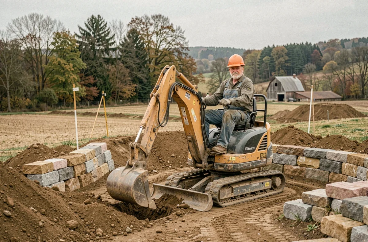 Ouvrier de SARL MCTP utilisant un mini-excavateur pour terrasser un jardin en pente avec murs de soutènement en pierre