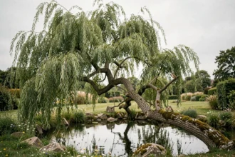 Saule tortueux au bord d'un étang avec des oiseaux perchés sur ses branches tombantes dans un jardin naturel