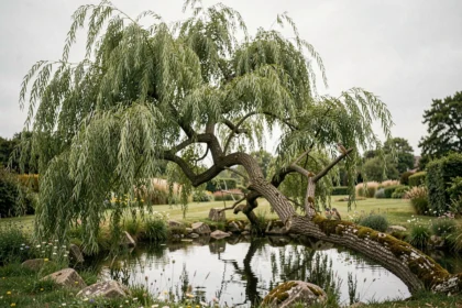 Saule tortueux au bord d'un étang avec des oiseaux perchés sur ses branches tombantes dans un jardin naturel