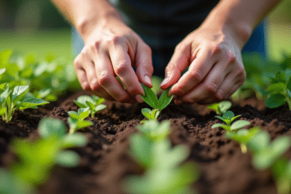 Mains plantant des graines de haricots verts en rangs