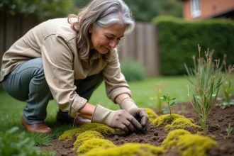 Jardinière examinant un sol acide recouvert de mousse dans un potager