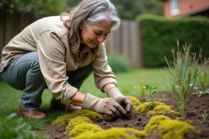 Jardinière examinant un sol acide recouvert de mousse dans un potager