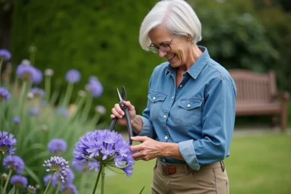 Femme taillant agapanthus dans un jardin avec précision
