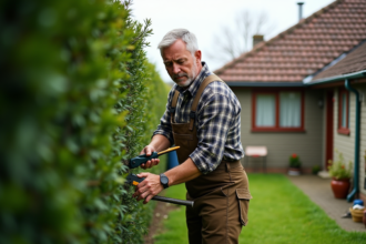 Homme taillant une haie dense dans son jardin