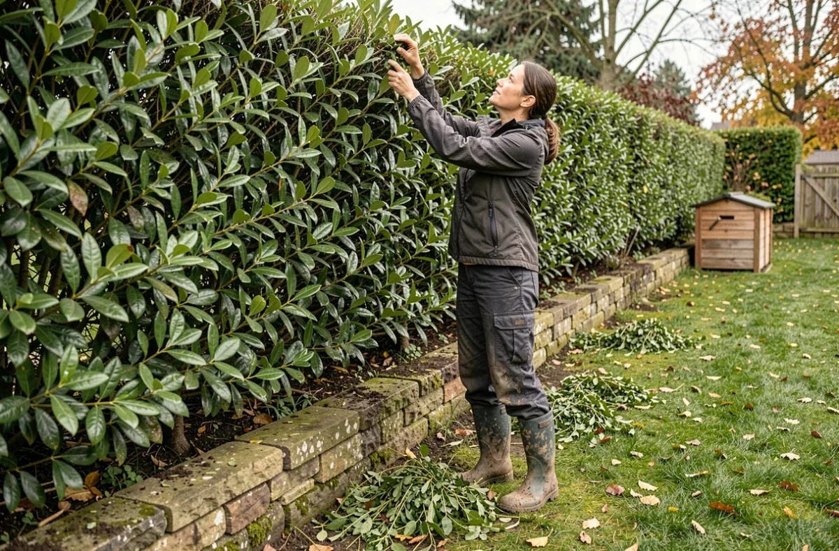 Femme taillant le haut d'une haie de laurier depuis le bas d'un jardin en pente