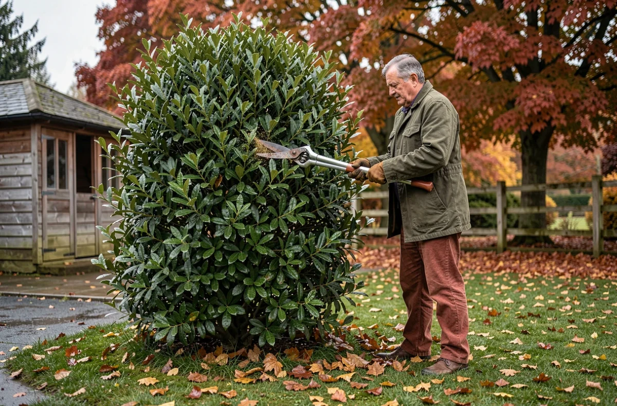 Homme utilisant un taille-haie pour couper un grand laurier en automne, avec des feuilles mortes au sol et des arbres aux couleurs automnales