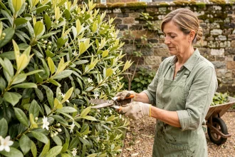 Femme taillant une haie de lauriers au printemps avec un sécateur, dans un jardin avec un mur en pierre couvert de mousse
