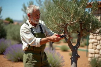 Jardinier taillant un olivier en nuage dans un jardin méditerranéen avec un sécateur manuel