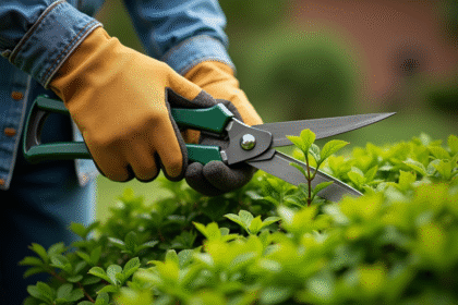 Personne taillant un buis japonais avec précision dans un jardin