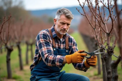 Homme taillant la vigne dans un vignoble français en hiver