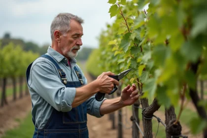 Homme en tenue de travail taille une jeune vigne