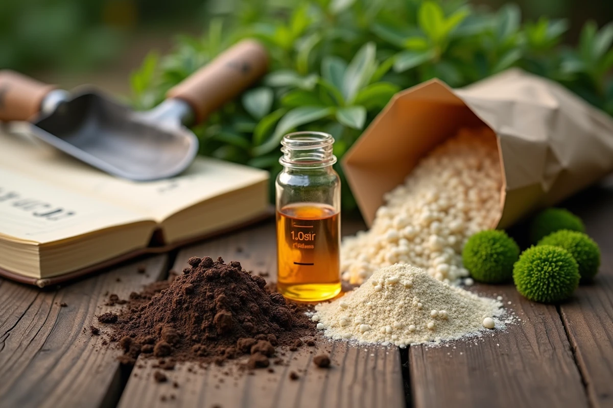 Kit de test pH du sol avec résultat acide et chaux de jardin sur table en bois