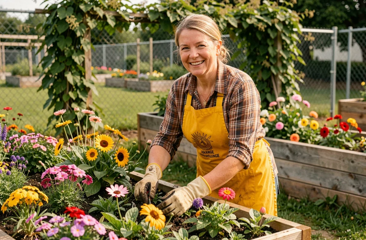 Jardinière de Tous au Jardin à Havange plantant des fleurs colorées dans des bacs en bois d'un jardin communautaire