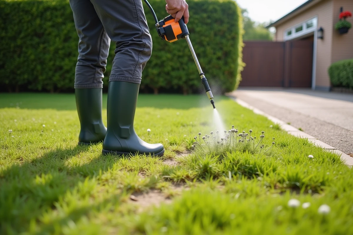 Homme appliquant un traitement herbicide sélectif sur des mauvaises herbes résistantes dans un gazon de jardin résidentiel