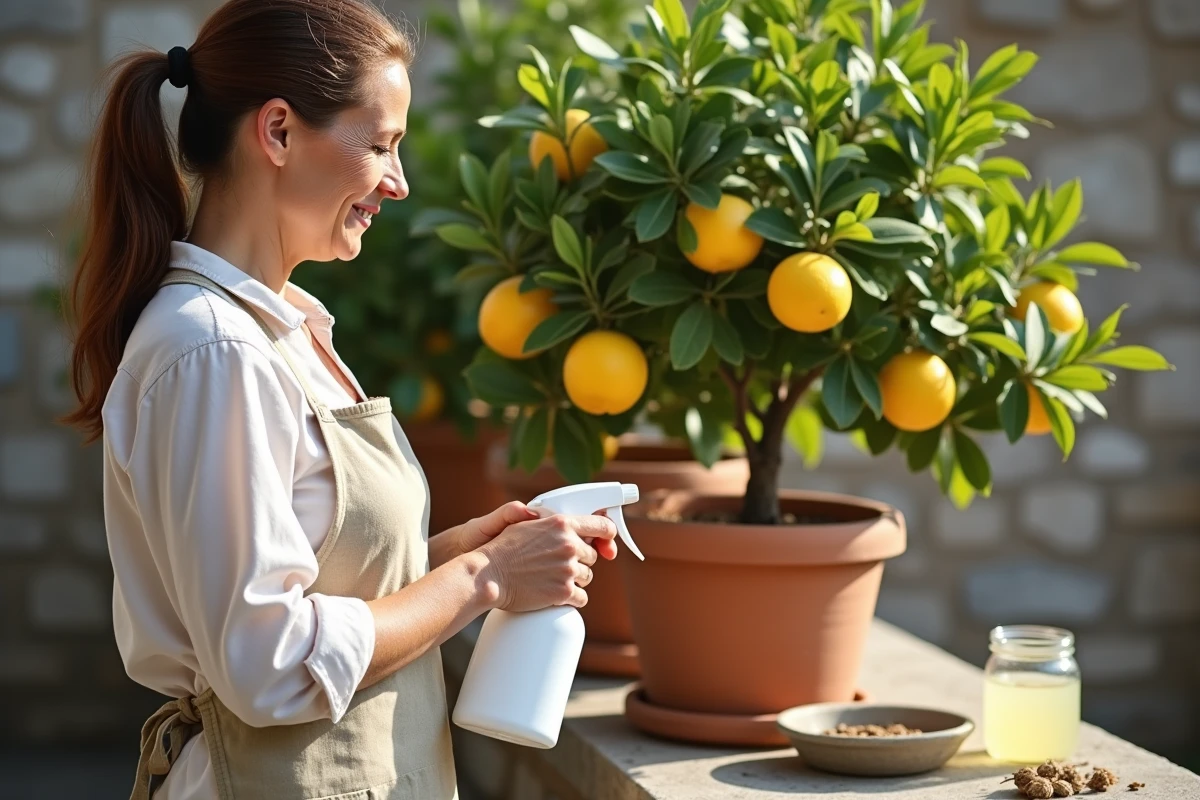 Femme appliquant un traitement naturel doux contre les cochenilles sur un citronnier en pot sur une terrasse