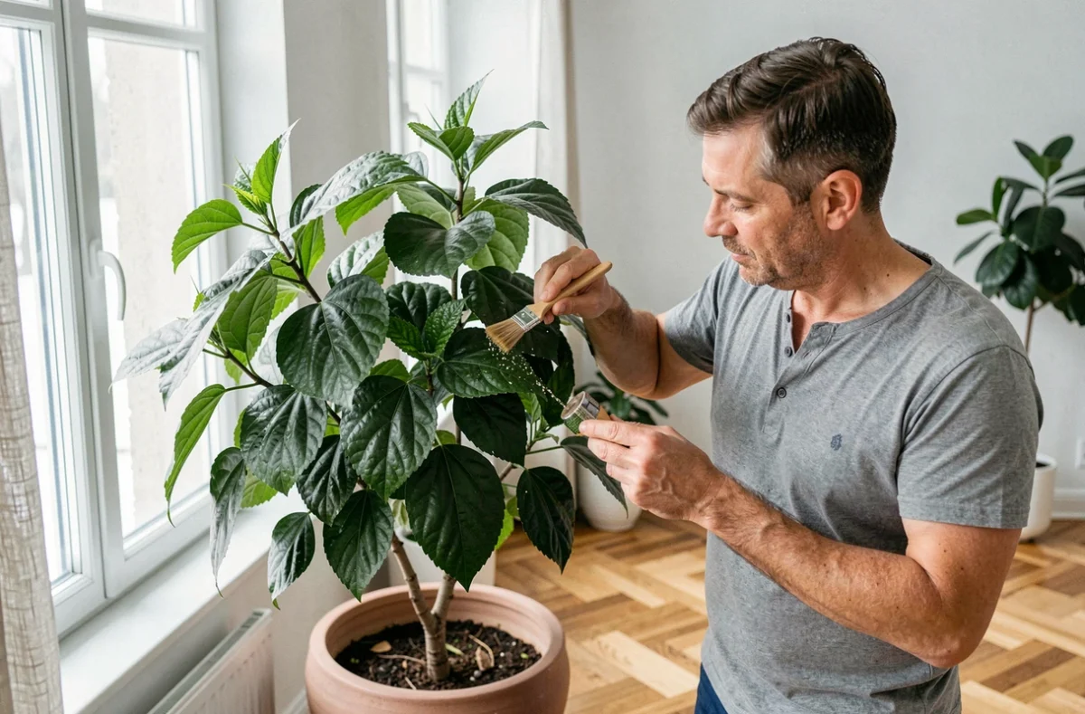 Homme appliquant un traitement naturel à l'huile de neem sur un hibiscus en intérieur pendant l'hiver