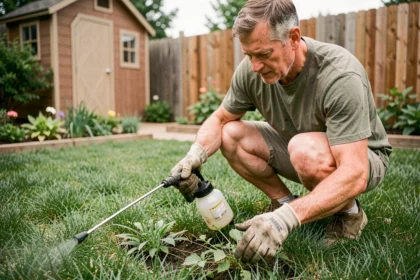 Homme appliquant un traitement sélectif herbicide sur son gazon avec un pulvérisateur à main dans un jardin résidentiel