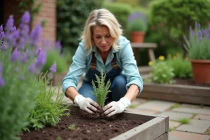 Femme transplantant du thym dans un jardin en plein air