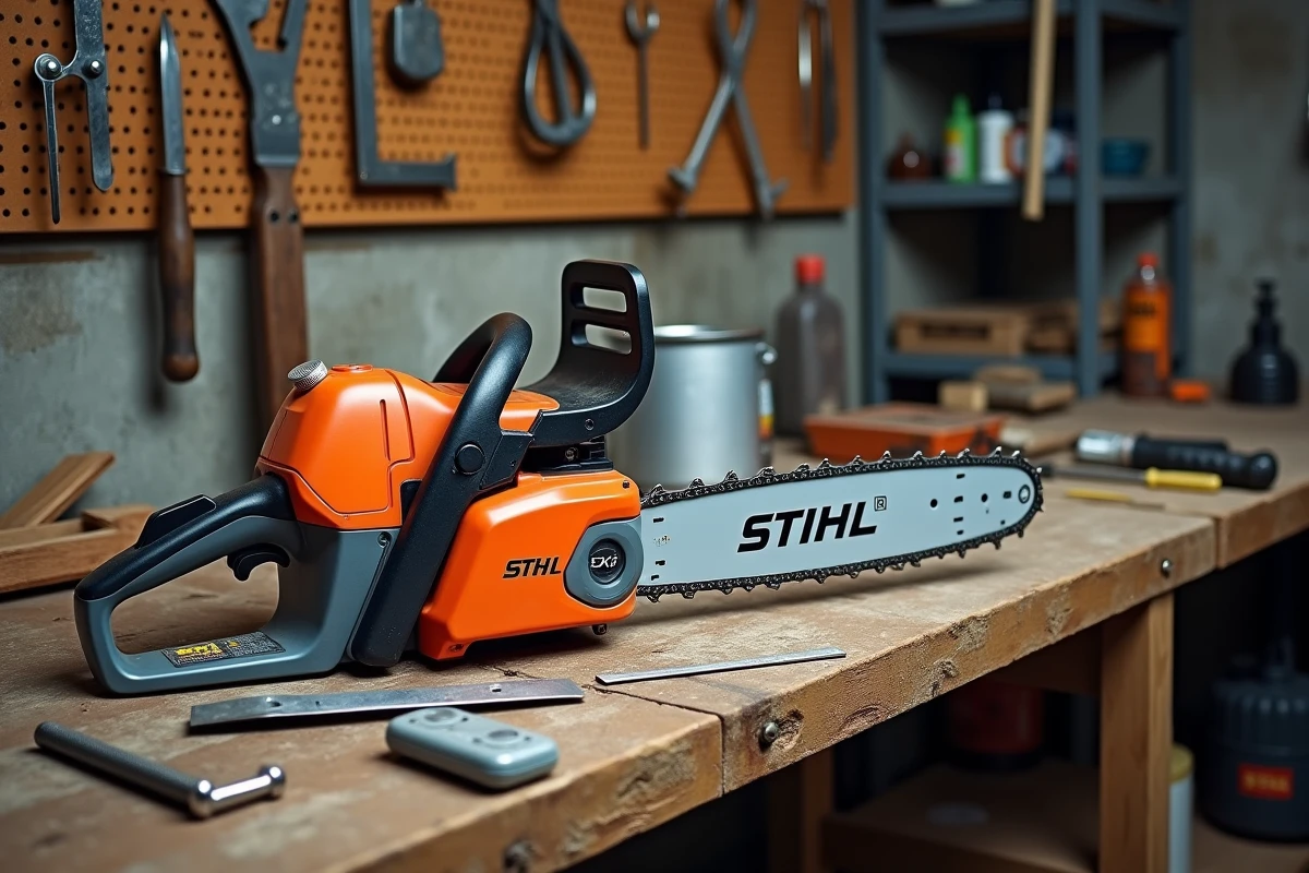 Tronçonneuse STIHL MS 211 posée sur un établi avec outils d'entretien dans un atelier rural