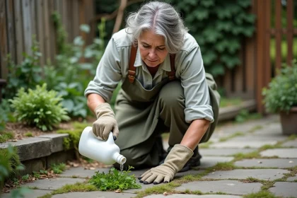 Femme versant du vinaigre blanc sur des mauvaises herbes entre des dalles de pierre dans un jardin