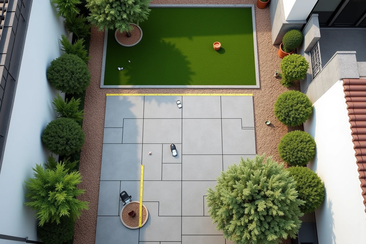 Vue plongeante d'un petit jardin planifié avec deux jeunes arbres positionnés à distance d'une maison blanche